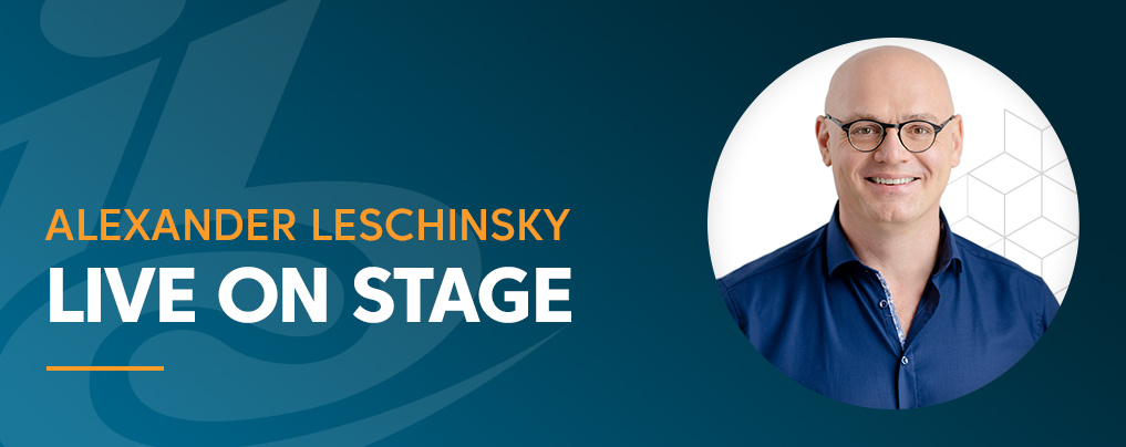 Banner for IBC 2024 advertising that Alexander Leschinsky will be live on stage at the event.